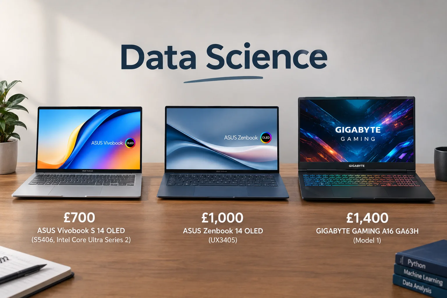 This image shows the 3 laptops that we will be reviewing in the blog: the ASUS Vivobook S14 OLED at £700, the ASUS Zenbook 14 OLED at £1000 and the Gigabyte Gaming A16 at £1400