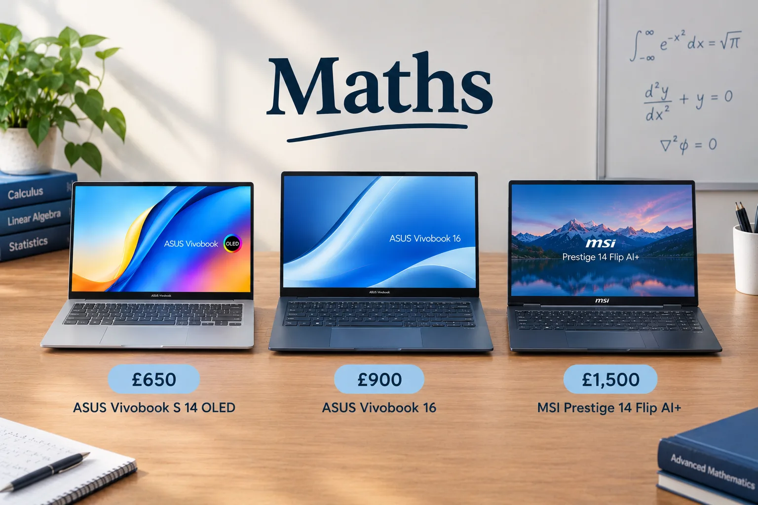 This image shows the 3 laptops recommended for university Maths students which the £650 ASUS Vivobook S14 OLED on the left, the ASUS Vivobook 16 in the centre at £900 and the MSI Prestige 14 Flip AI+ at £1,500.